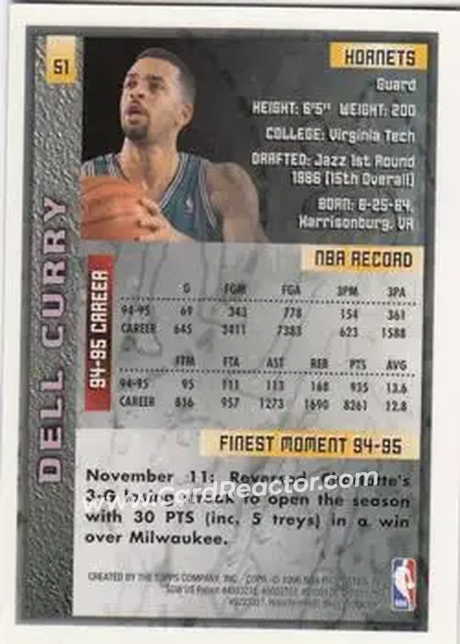 1995-96 Finest #51 - Dell Curry - Charlotte Hornets - Back