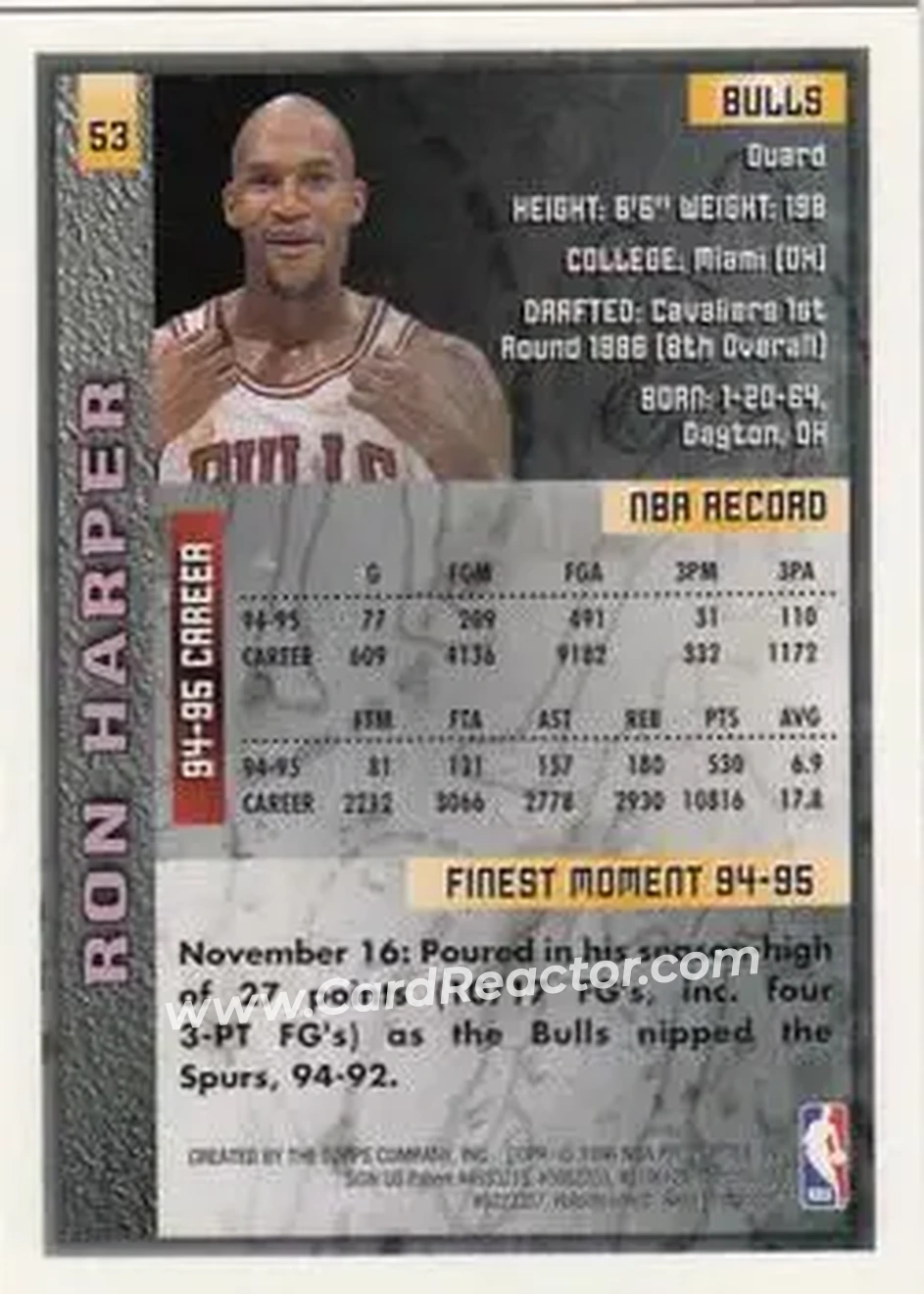 1995-96 Finest #53 - Ron Harper - Chicago Bulls - Back