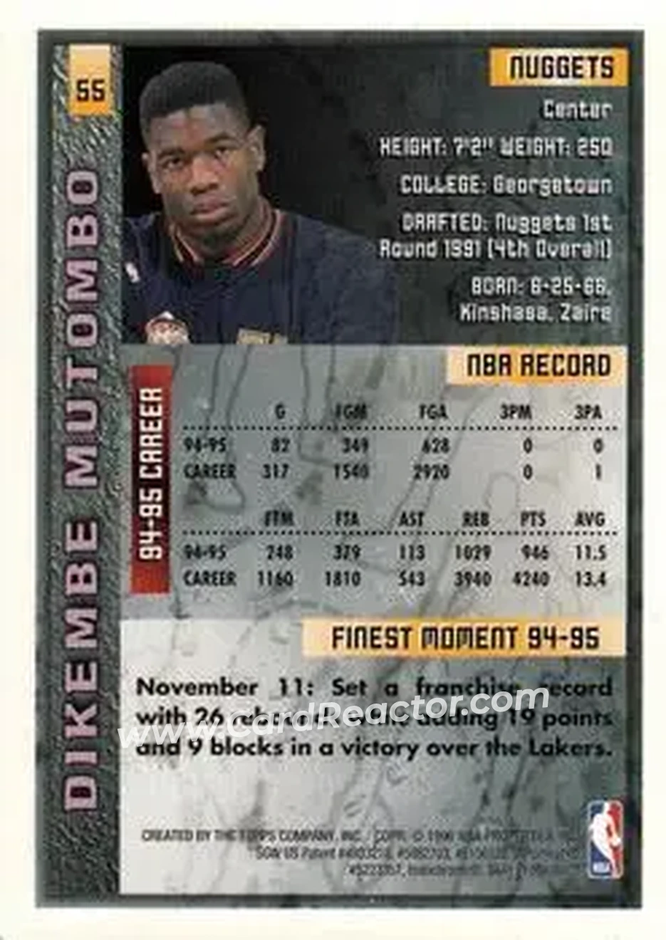 1995-96 Finest #55 - Dikembe Mutombo - Denver Nuggets - Back