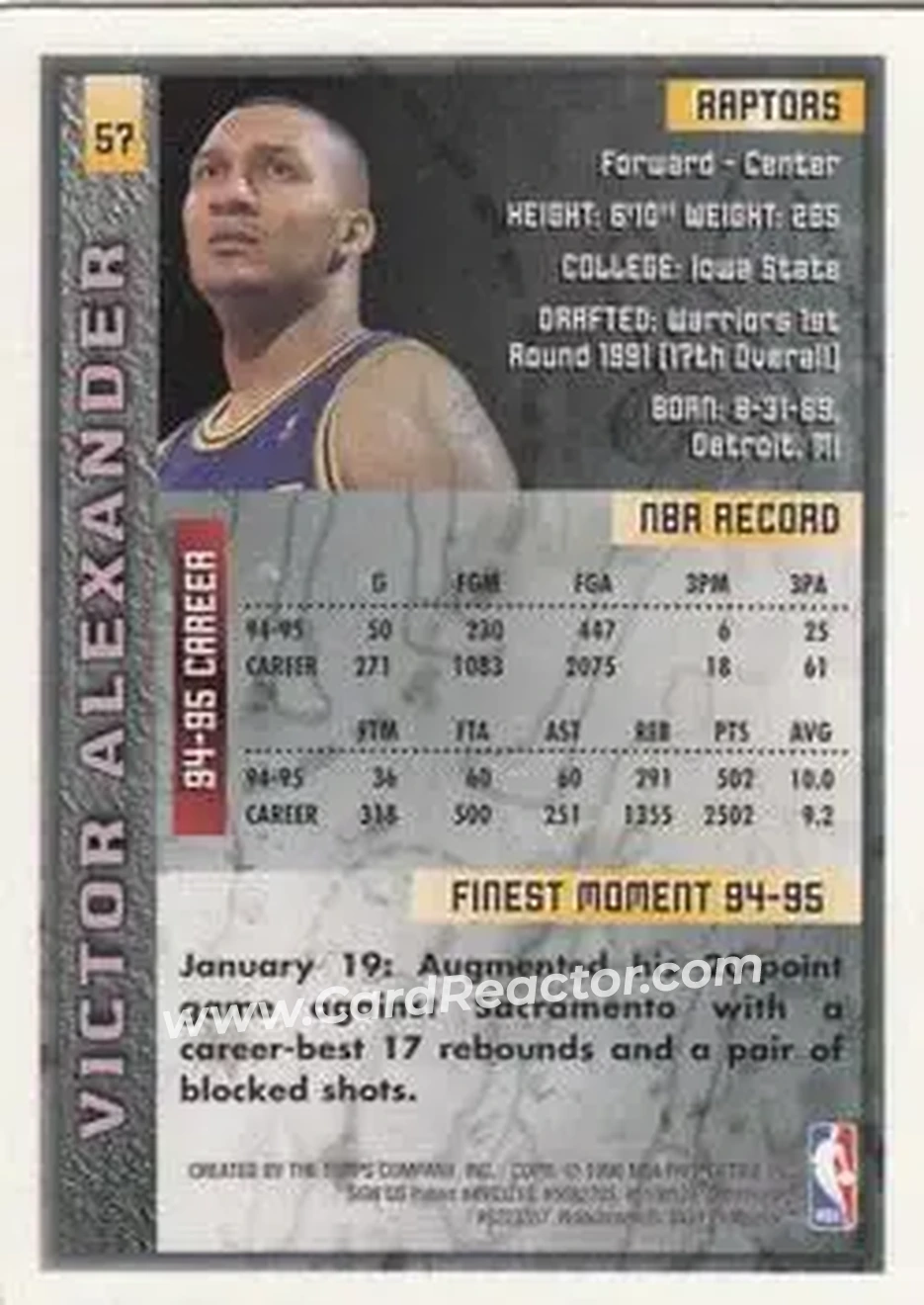 1995-96 Finest #57 - Victor Alexander - Toronto Raptors - Back 1995-96 Finest #57 - Victor Alexander - Toronto Raptors - Back