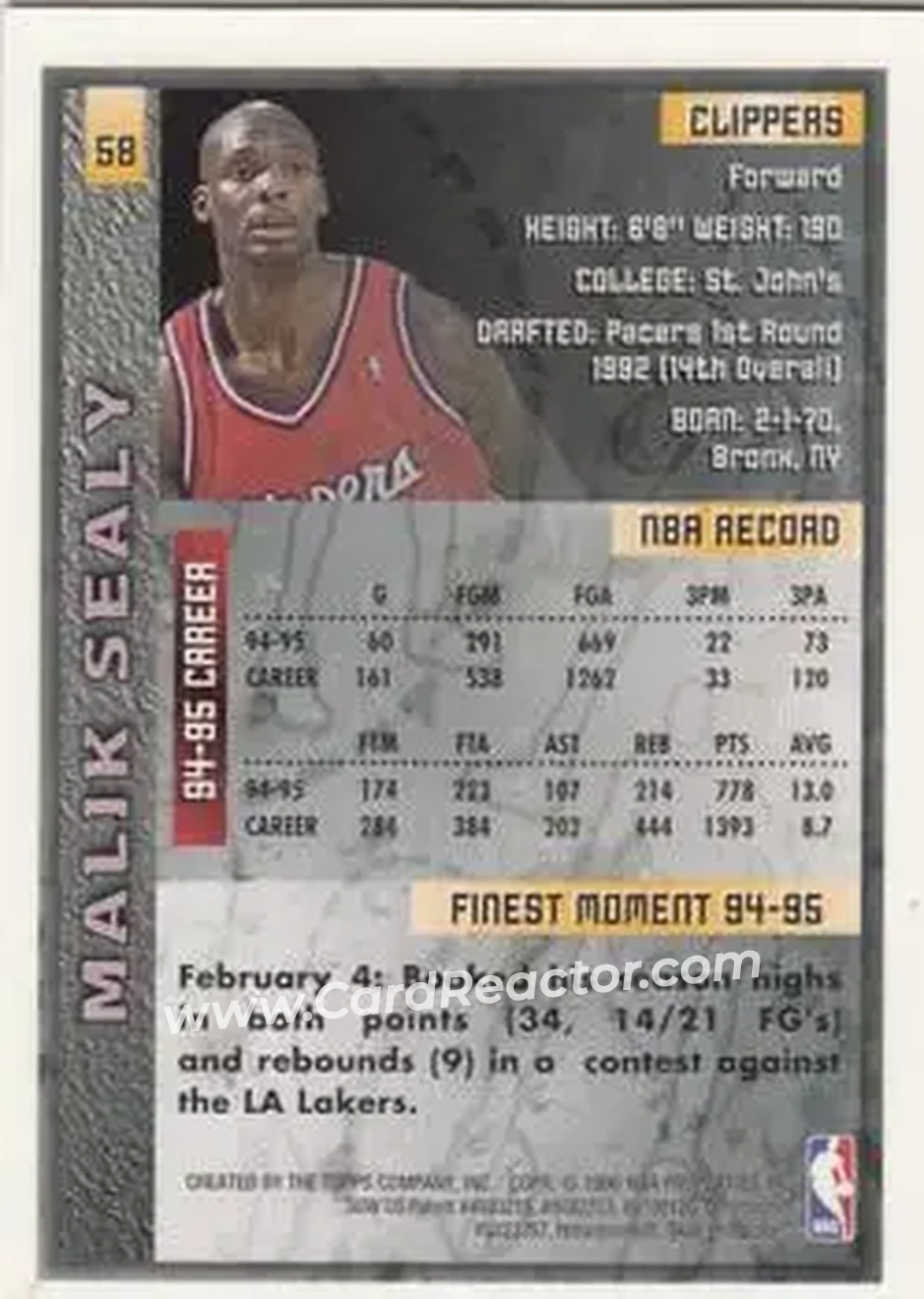 1995-96 Finest #58 - Malik Sealy - Los Angeles Clippers - Back