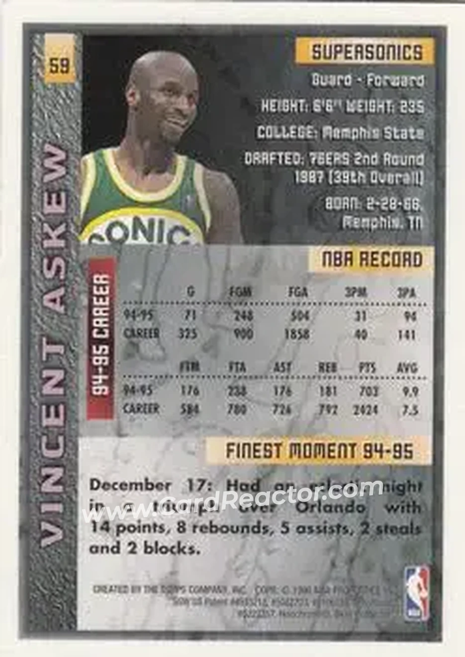 1995-96 Finest #59 - Vincent Askew - Seattle SuperSonics - Back