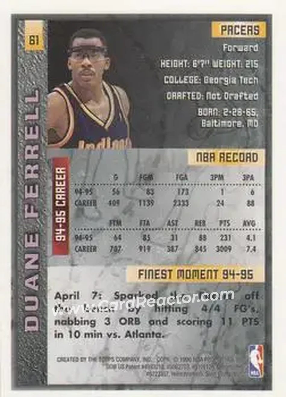 1995-96 Finest #61 - Duane Ferrell - Indiana Pacers - Back