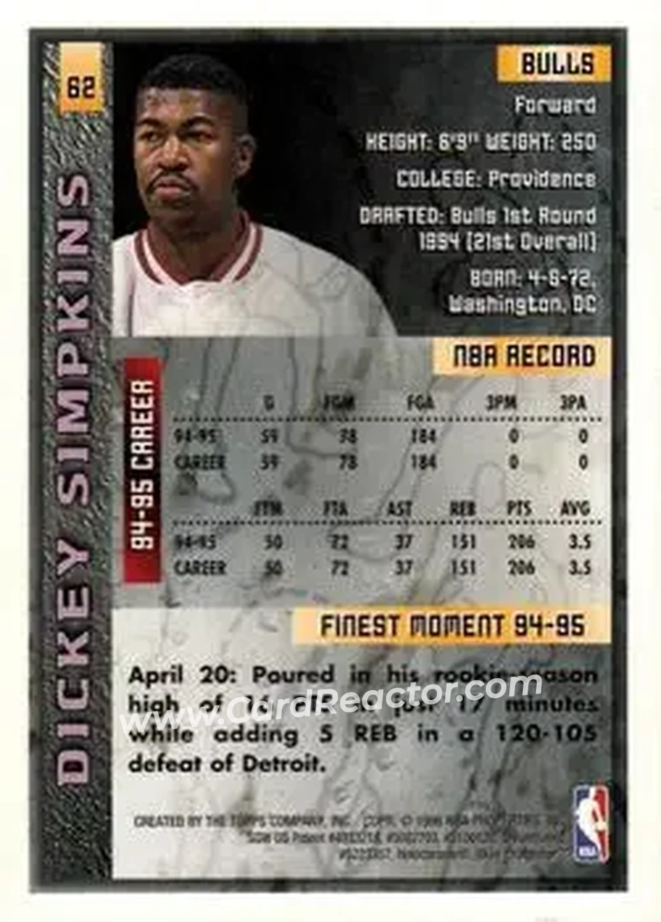 1995-96 Finest #62 - Dickey Simpkins - Chicago Bulls - Back