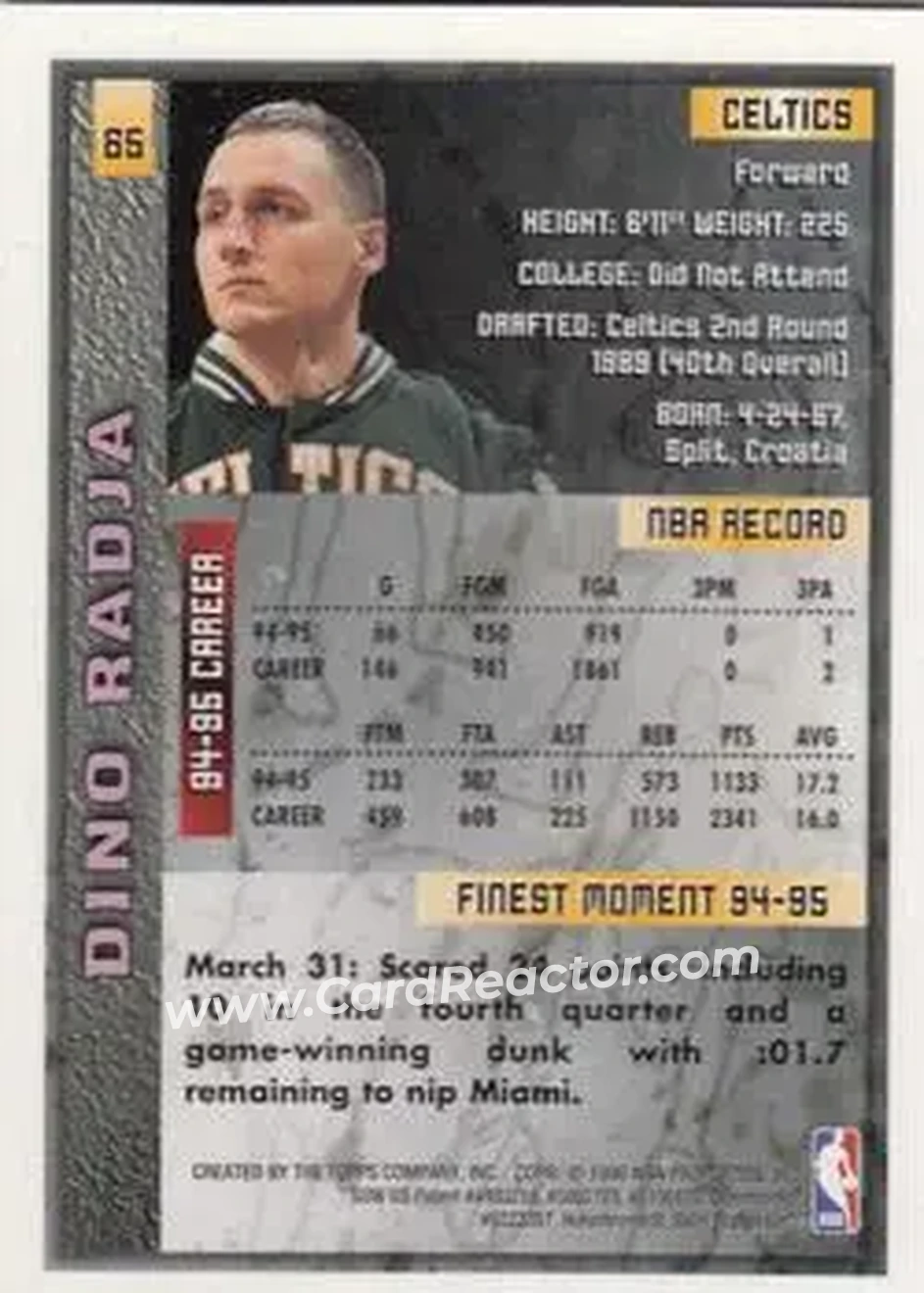 1995-96 Finest #65 - Dino Radja - Boston Celtics - Back
