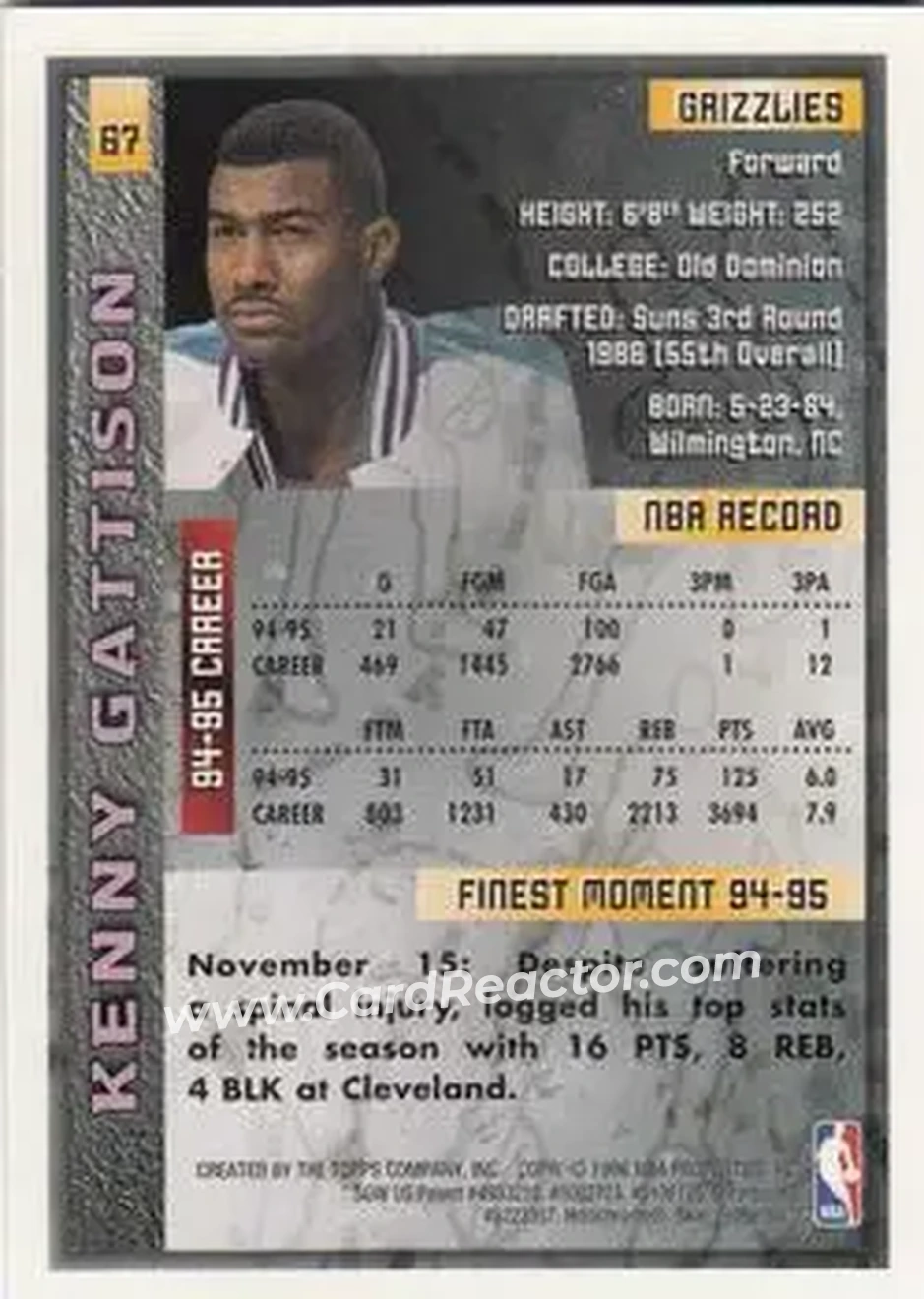 1995-96 Finest #67 - Kenny Gattison - Vancouver Grizzlies - Back