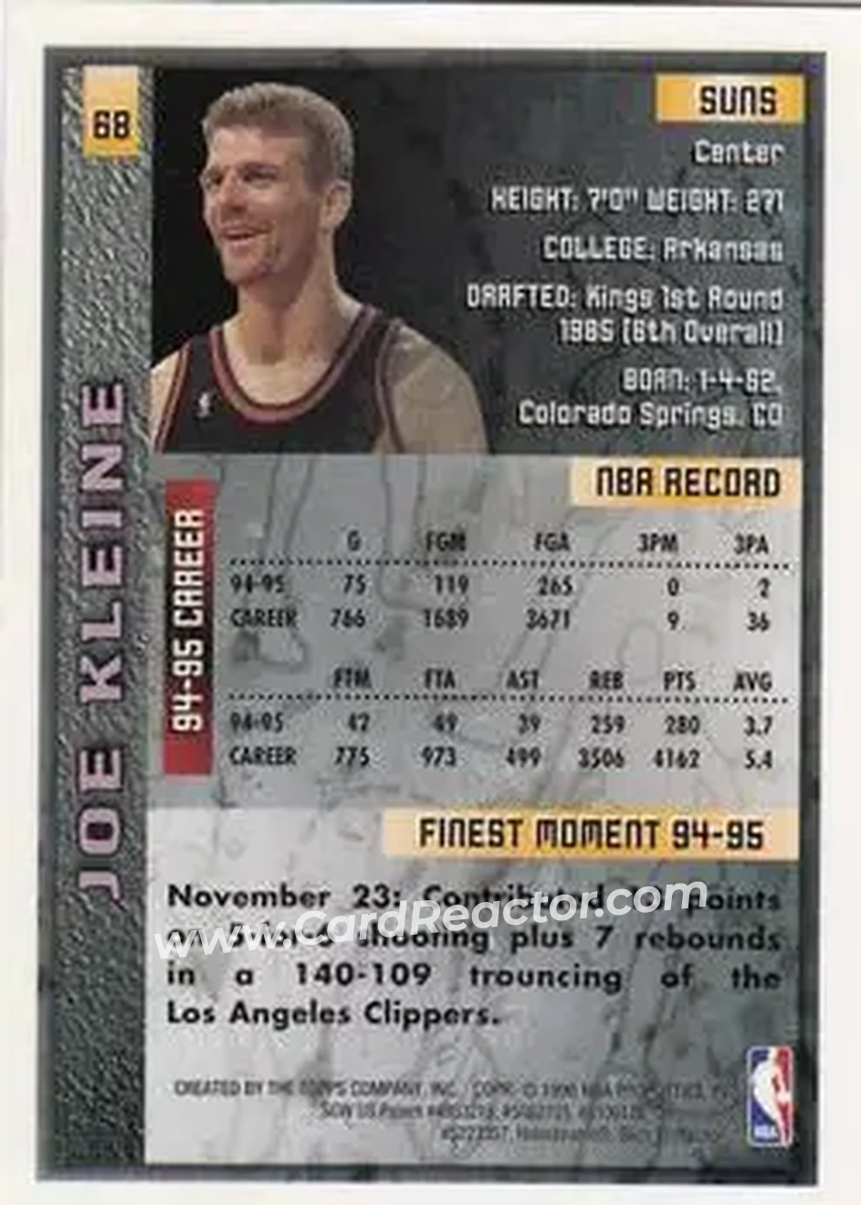 1995-96 Finest #68 - Joe Kleine - Phoenix Suns - Back 1995-96 Finest #68 - Joe Kleine - Phoenix Suns - Back