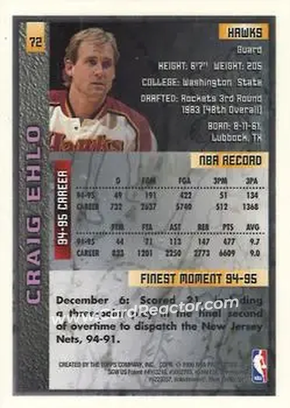 1995-96 Finest #72 - Craig Ehlo - Atlanta Hawks - Back 1995-96 Finest #72 - Craig Ehlo - Atlanta Hawks - Back