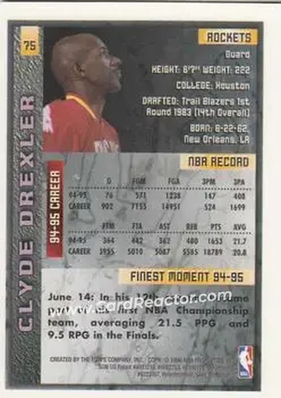 1995-96 Finest #75 - Clyde Drexler - Houston Rockets - Back 1995-96 Finest #75 - Clyde Drexler - Houston Rockets - Back