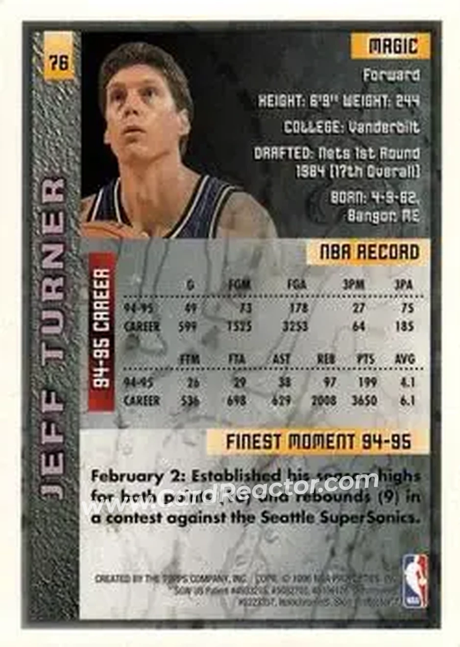 1995-96 Finest #76 - Jeff Turner - Orlando Magic - Back