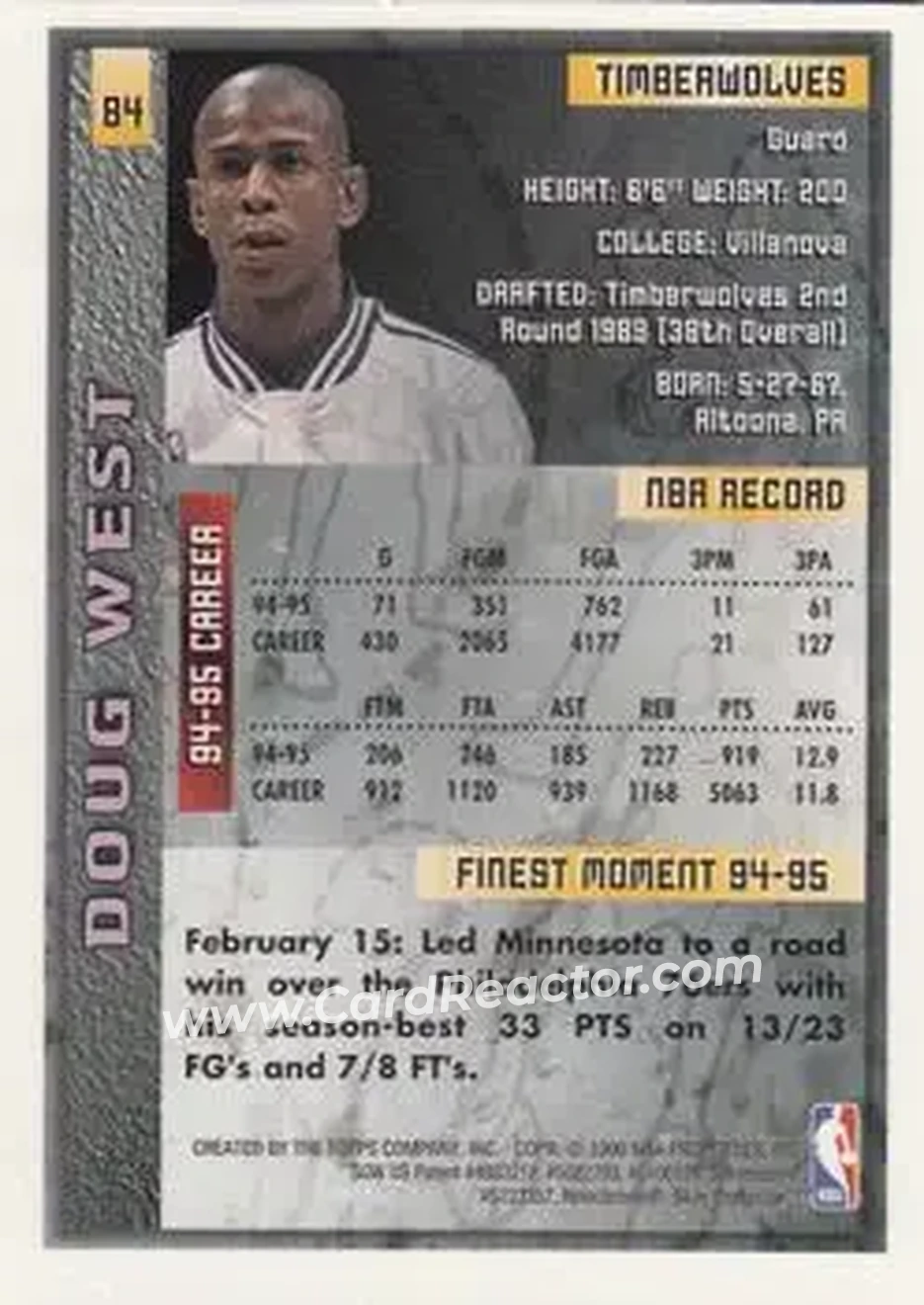 1995-96 Finest #84 - Doug West - Minnesota Timberwolves - Back