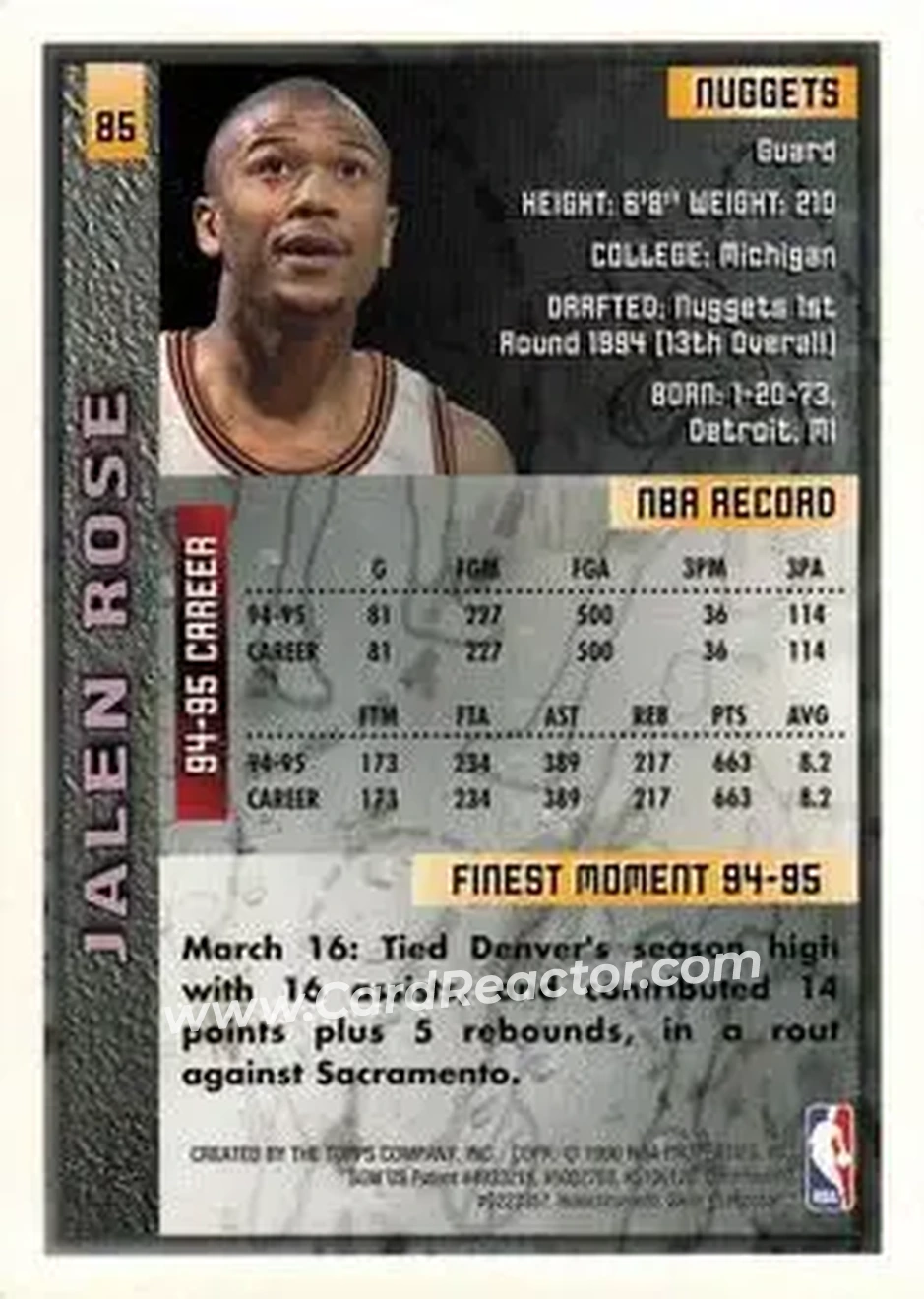 1995-96 Finest #85 - Jalen Rose - Denver Nuggets - Back