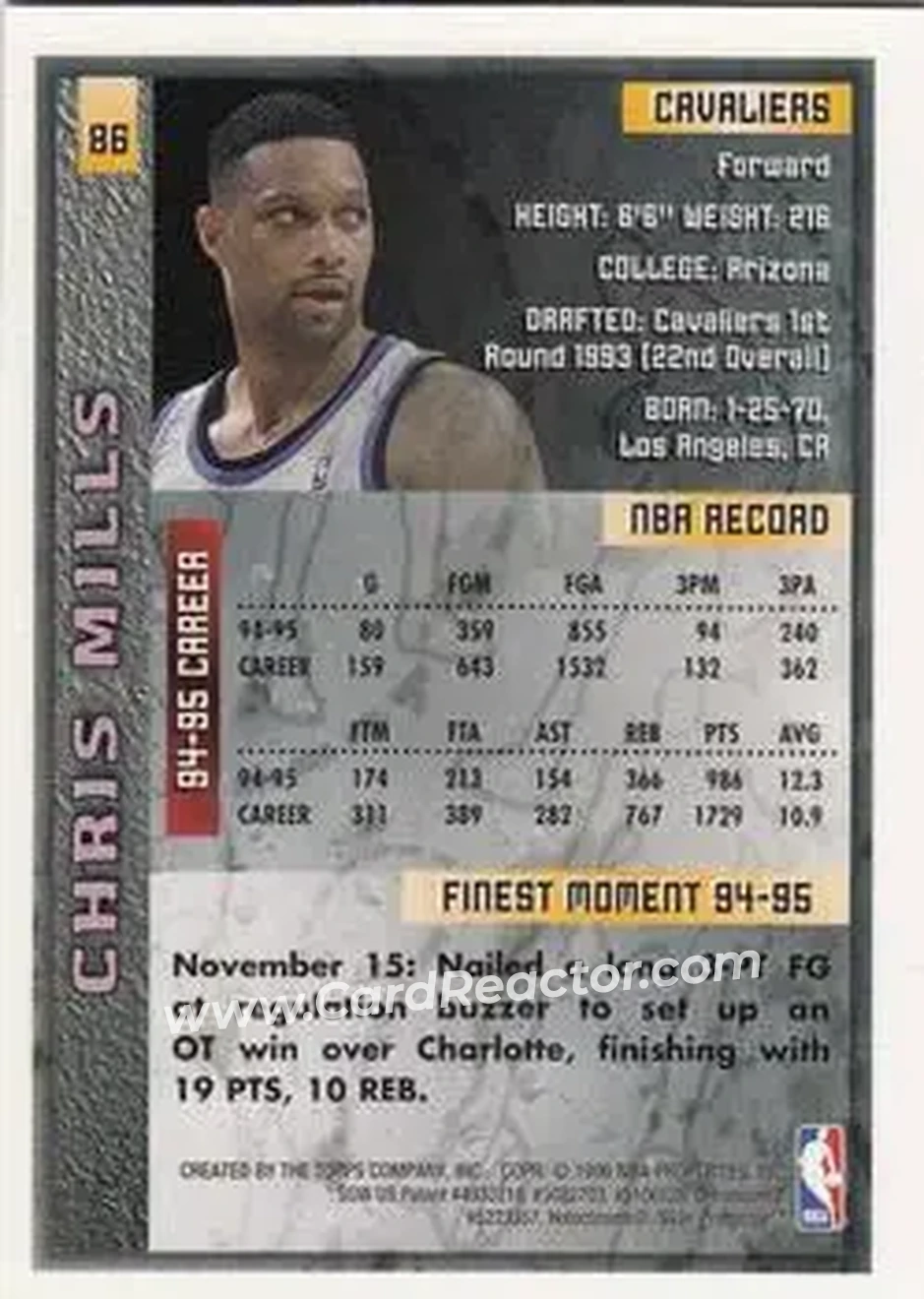 1995-96 Finest #86 - Chris Mills - Cleveland Cavaliers - Back