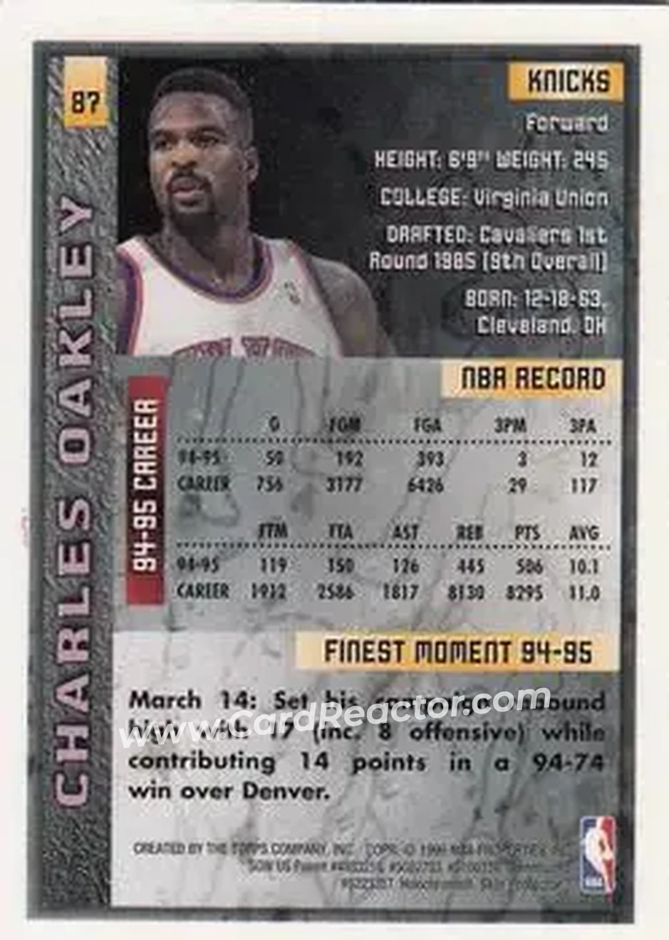 1995-96 Finest #87 - Charles Oakley - New York Knicks - Back