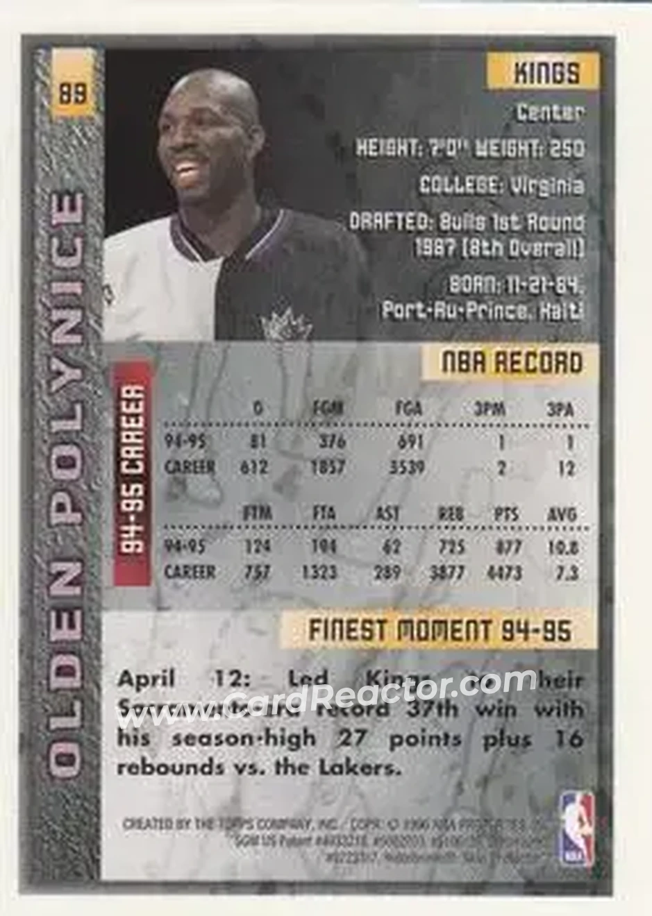 1995-96 Finest #89 - Olden Polynice - Sacramento Kings - Back