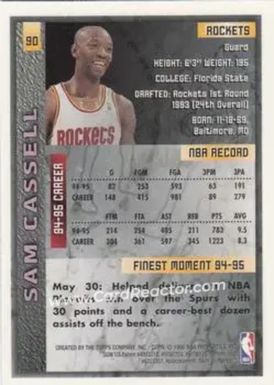 1995-96 Finest #90 - Sam Cassell - Houston Rockets - Back