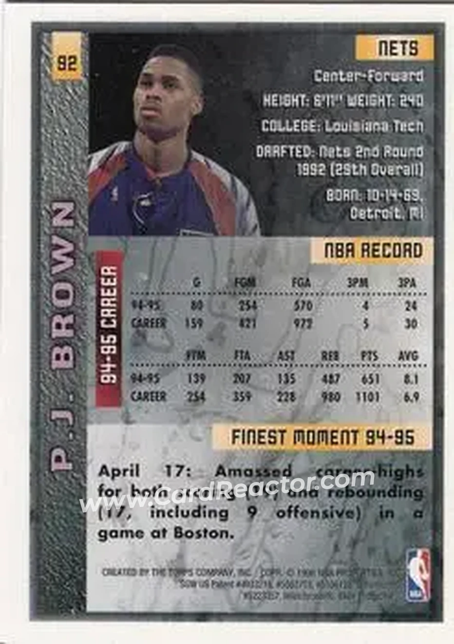 1995-96 Finest #92 - P.J. Brown - New Jersey Nets - Back 1995-96 Finest #92 - P.J. Brown - New Jersey Nets - Back