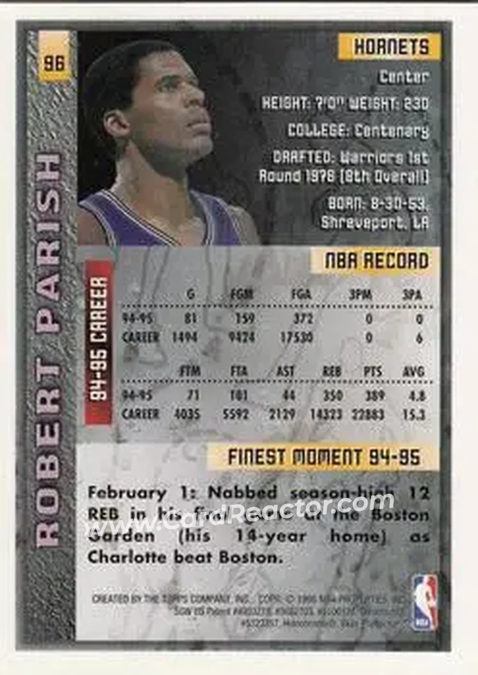 1995-96 Finest #96 - Robert Parish - Charlotte Hornets - Back 1995-96 Finest #96 - Robert Parish - Charlotte Hornets - Back