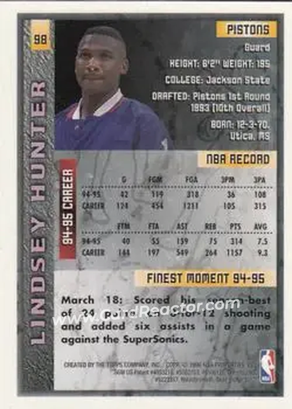 1995-96 Finest #98 - Lindsey Hunter - Detroit Pistons - Back