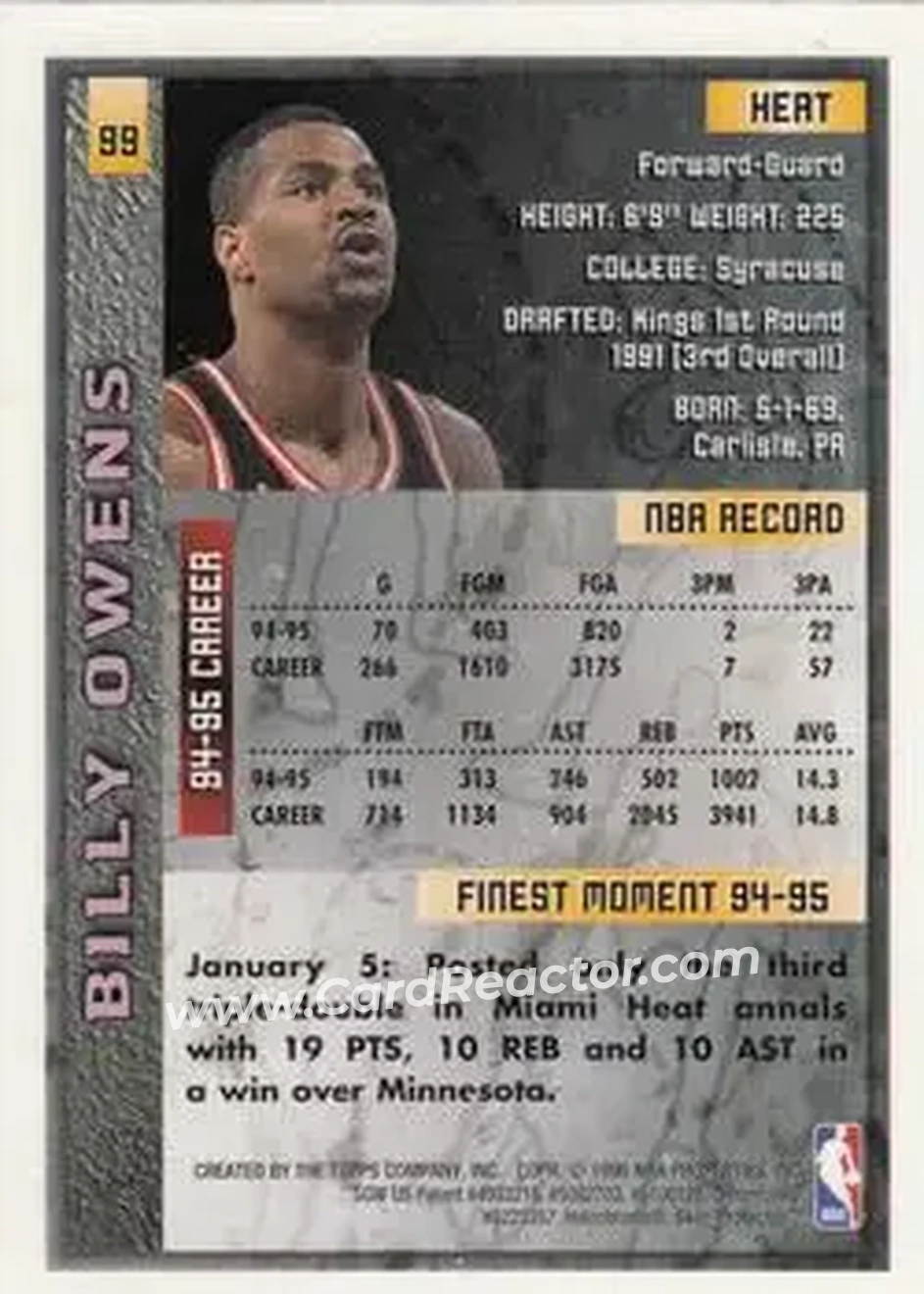 1995-96 Finest #99 - Billy Owens - Miami Heat - Back 1995-96 Finest #99 - Billy Owens - Miami Heat - Back