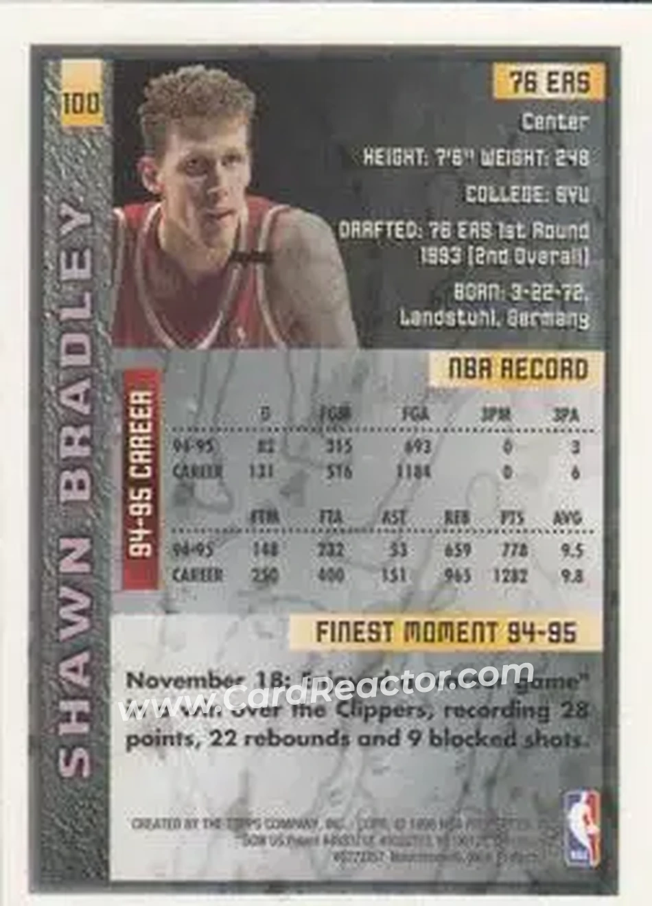 1995-96 Finest #100 - Shawn Bradley - Philadelphia 76ers - Back