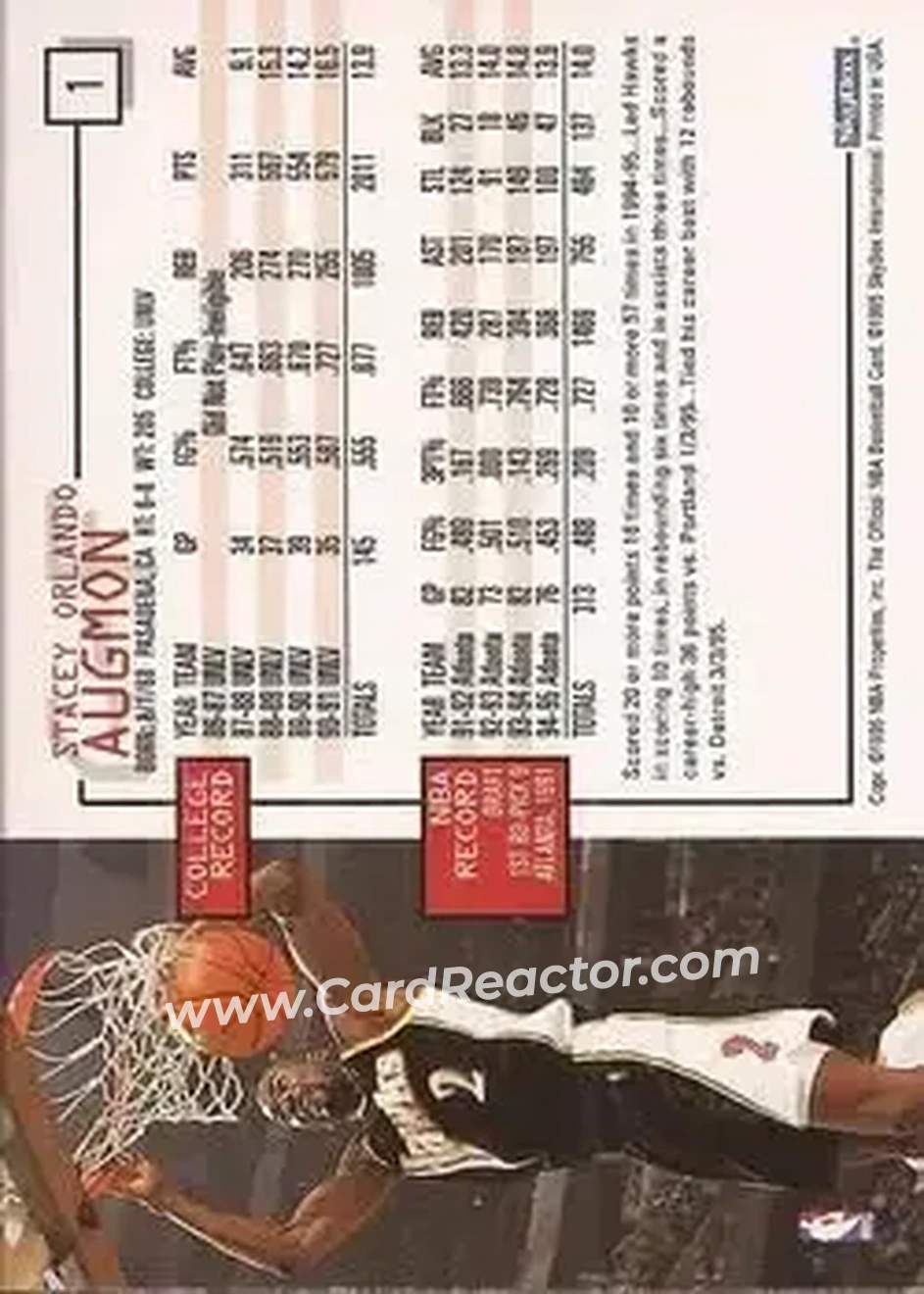 1995-96 Hoops #1 - Stacey Augmon - Atlanta Hawks - Back