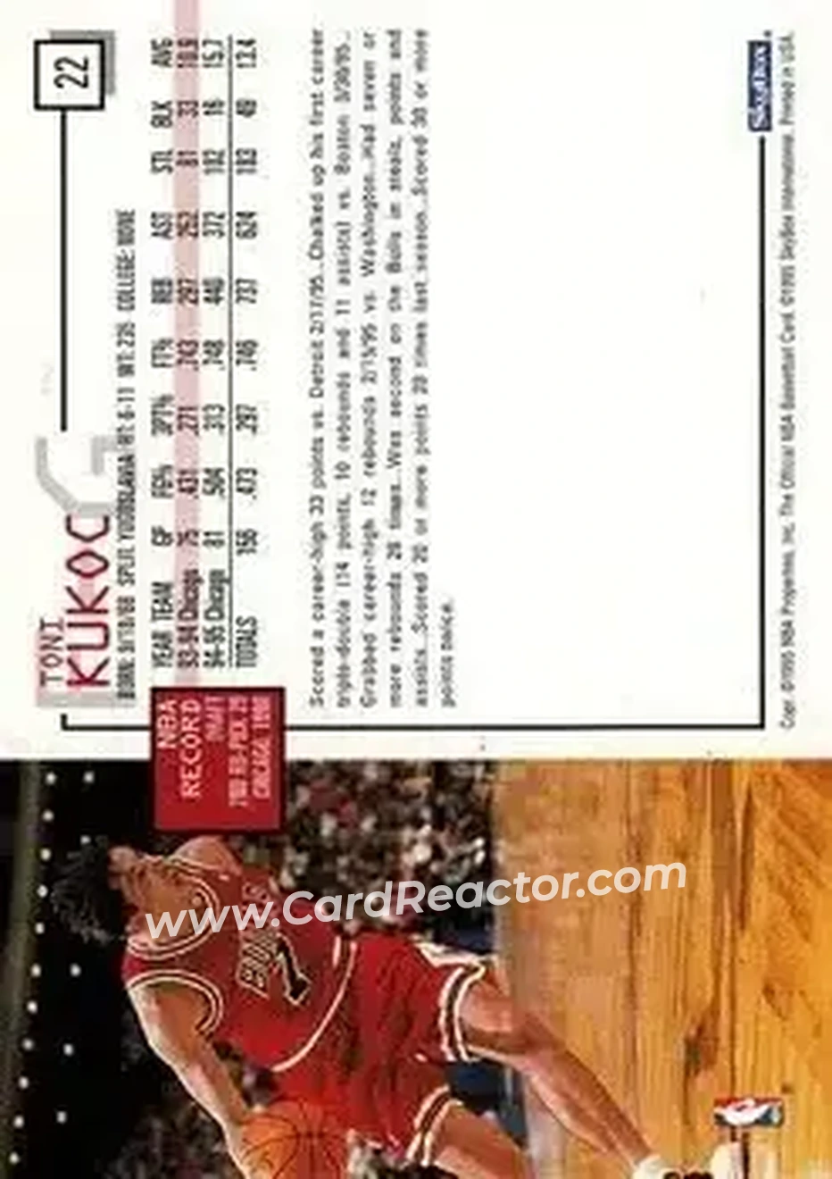 1995-96 Hoops #22 - Toni Kukoc - Chicago Bulls - Back