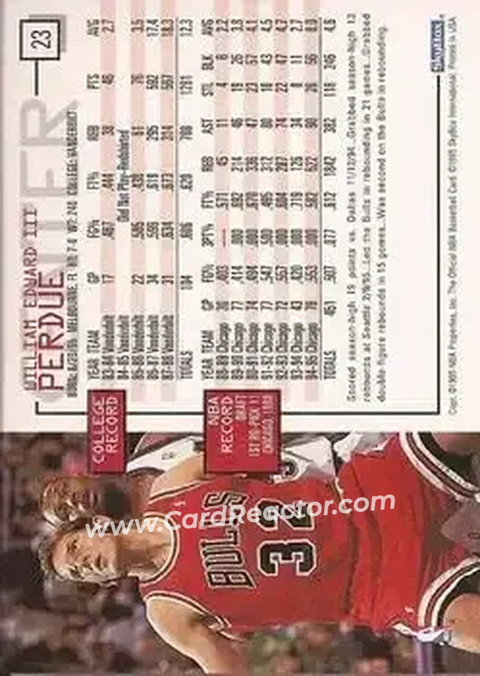 1995-96 Hoops #23 - Will Perdue - Chicago Bulls - Back