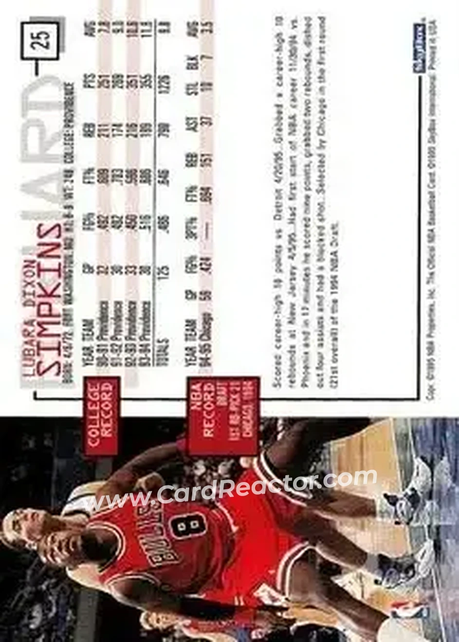 1995-96 Hoops #25 - Dickey Simpkins - Chicago Bulls - Back