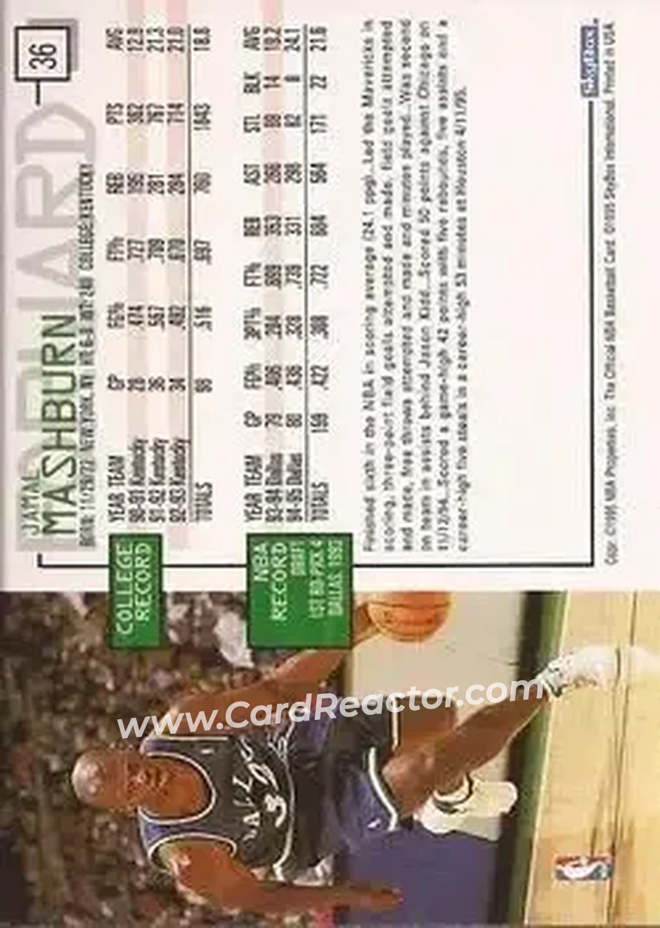 1995-96 Hoops #36 - Jamal Mashburn - Dallas Mavericks - Back 1995-96 Hoops #36 - Jamal Mashburn - Dallas Mavericks - Back