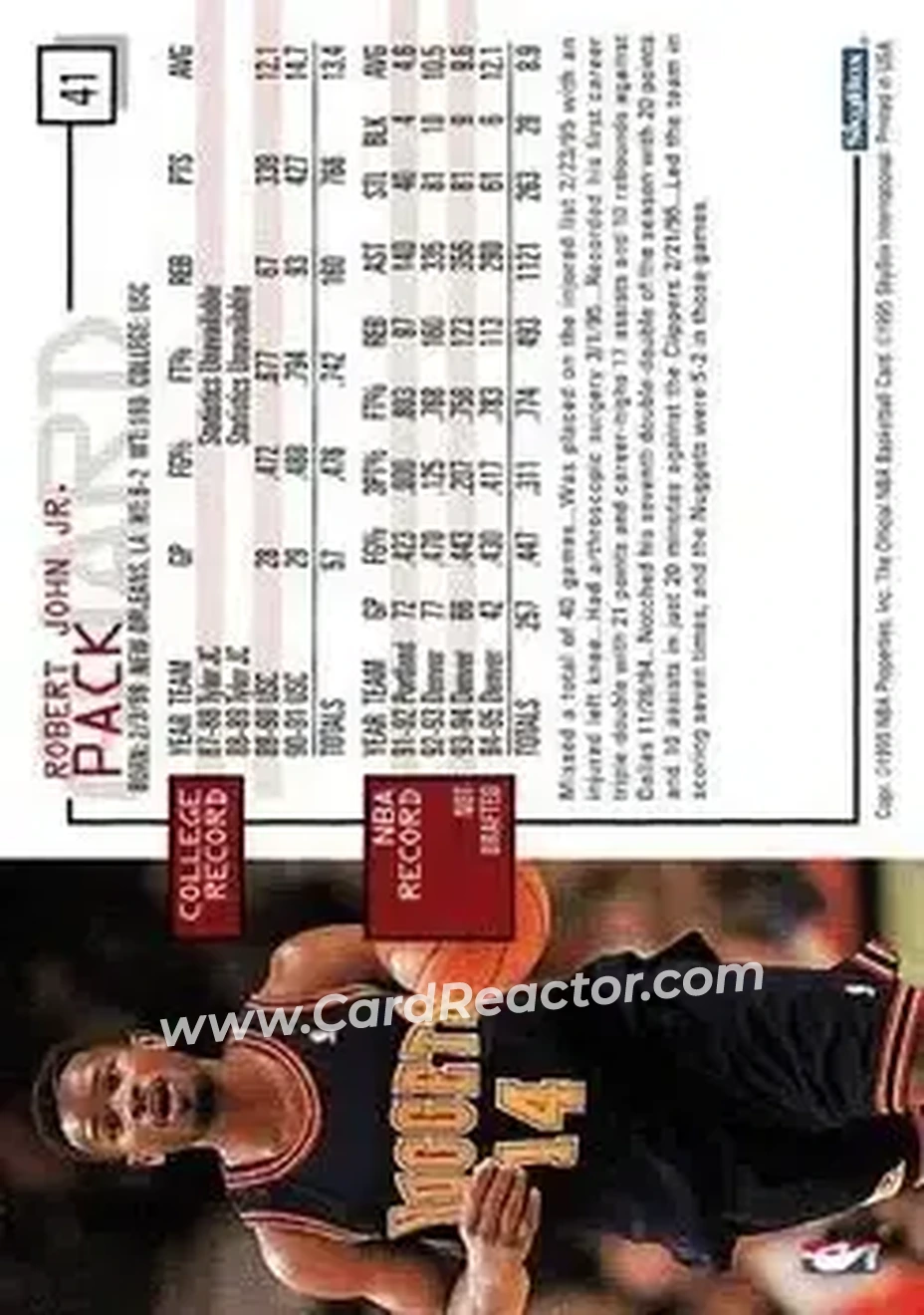 1995-96 Hoops #41 - Robert Pack - Denver Nuggets - Back