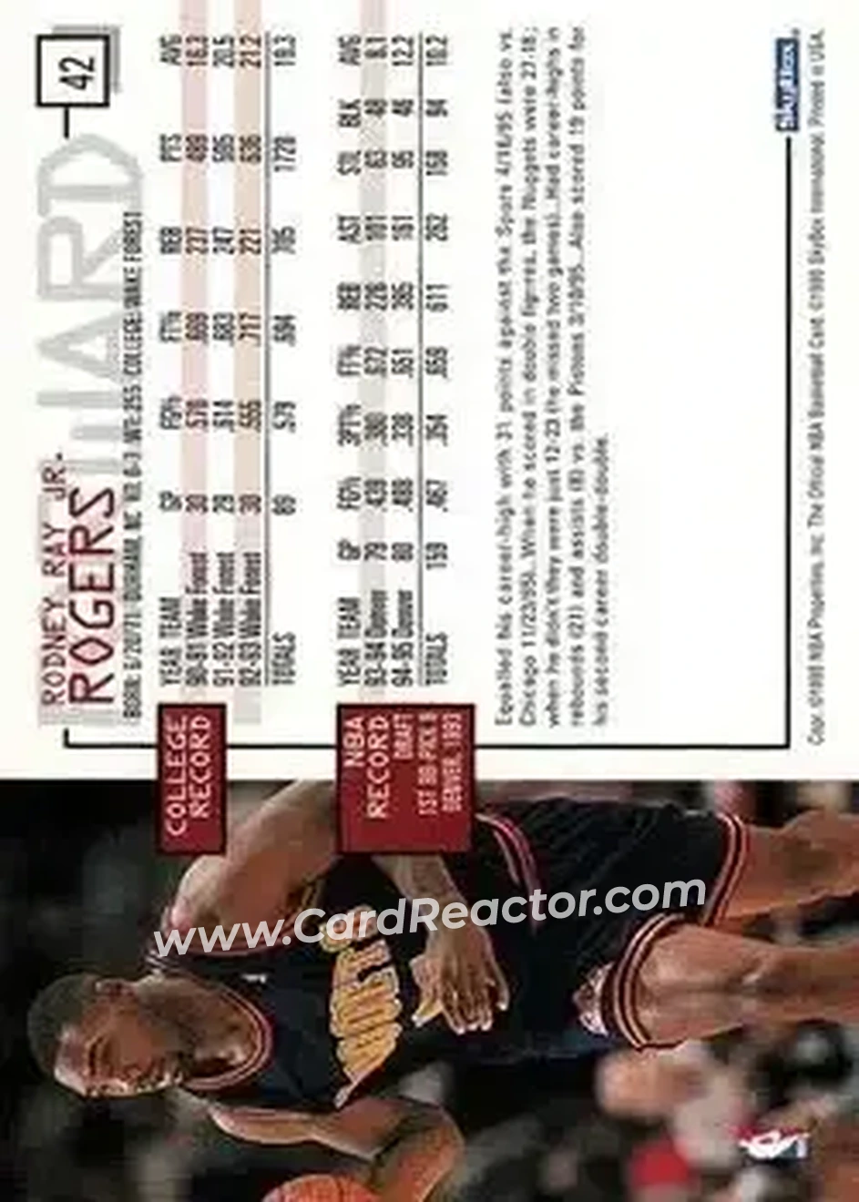 1995-96 Hoops #42 - Rodney Rogers - Denver Nuggets - Back