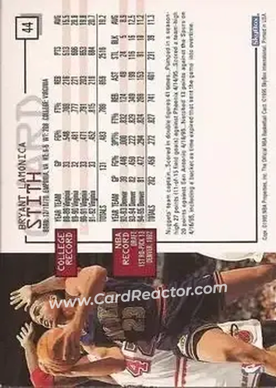 1995-96 Hoops #44 - Bryant Stith - Denver Nuggets - Back