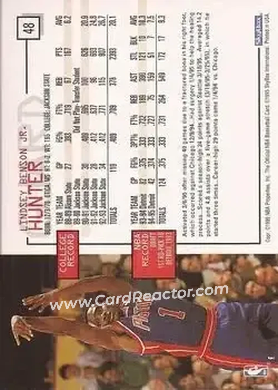 1995-96 Hoops #48 - Lindsey Hunter - Detroit Pistons - Back