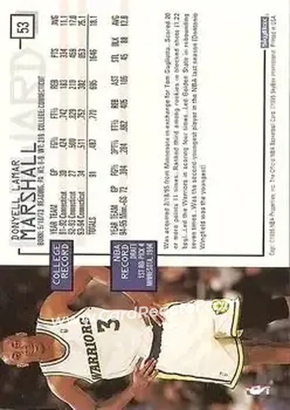 1995-96 Hoops #53 - Donyell Marshall - Golden State Warriors - Back