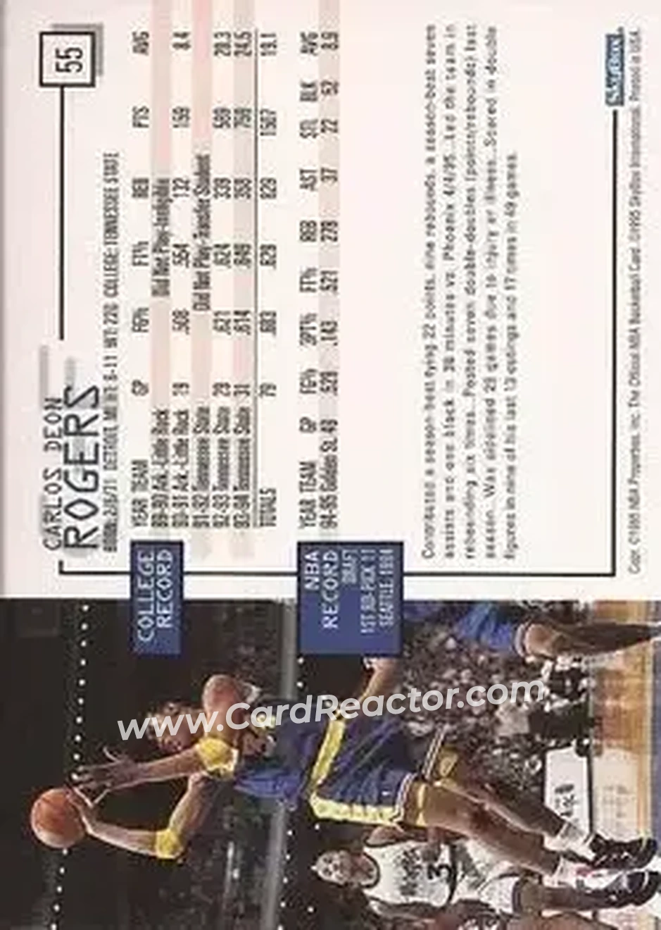 1995-96 Hoops #55 - Carlos Rogers - Golden State Warriors - Back