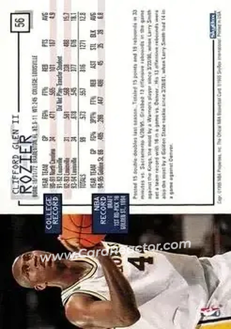 1995-96 Hoops #56 - Clifford Rozier - Golden State Warriors - Back