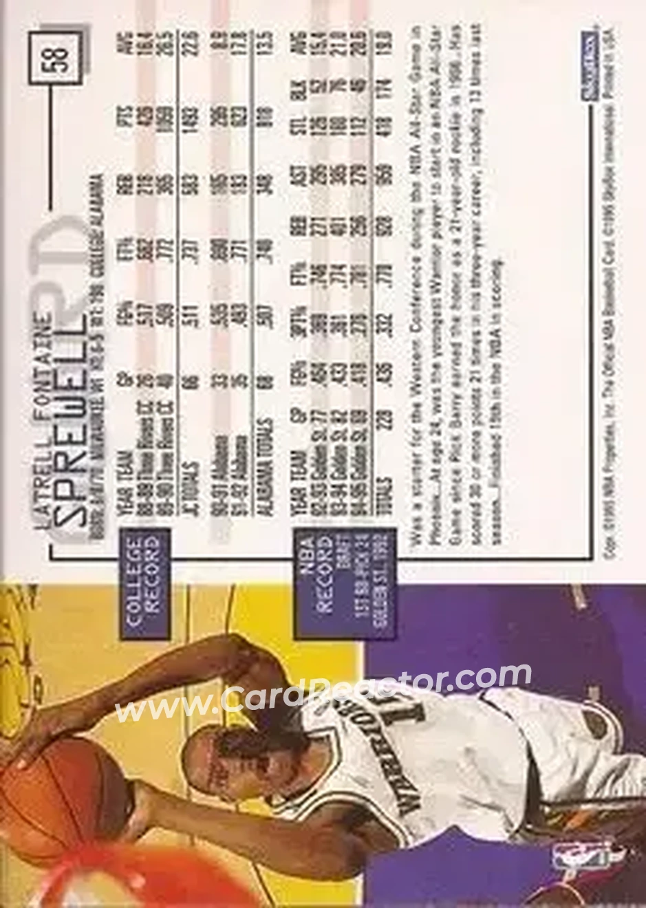 1995-96 Hoops #58 - Latrell Sprewell - Golden State Warriors - Back