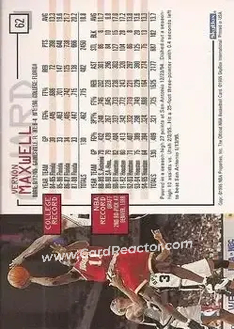 1995-96 Hoops #62 - Vernon Maxwell - Houston Rockets - Back