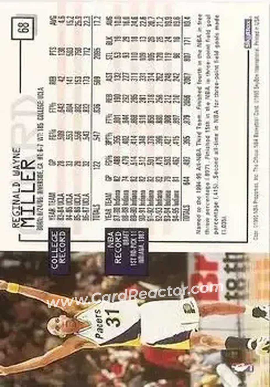 1995-96 Hoops #68 - Reggie Miller - Indiana Pacers - Back