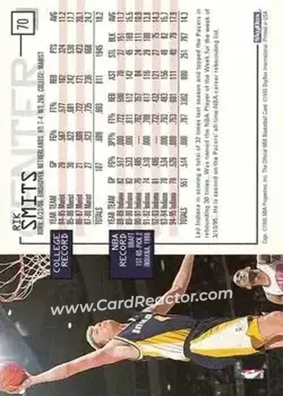 1995-96 Hoops #70 - Rik Smits - Indiana Pacers - Back