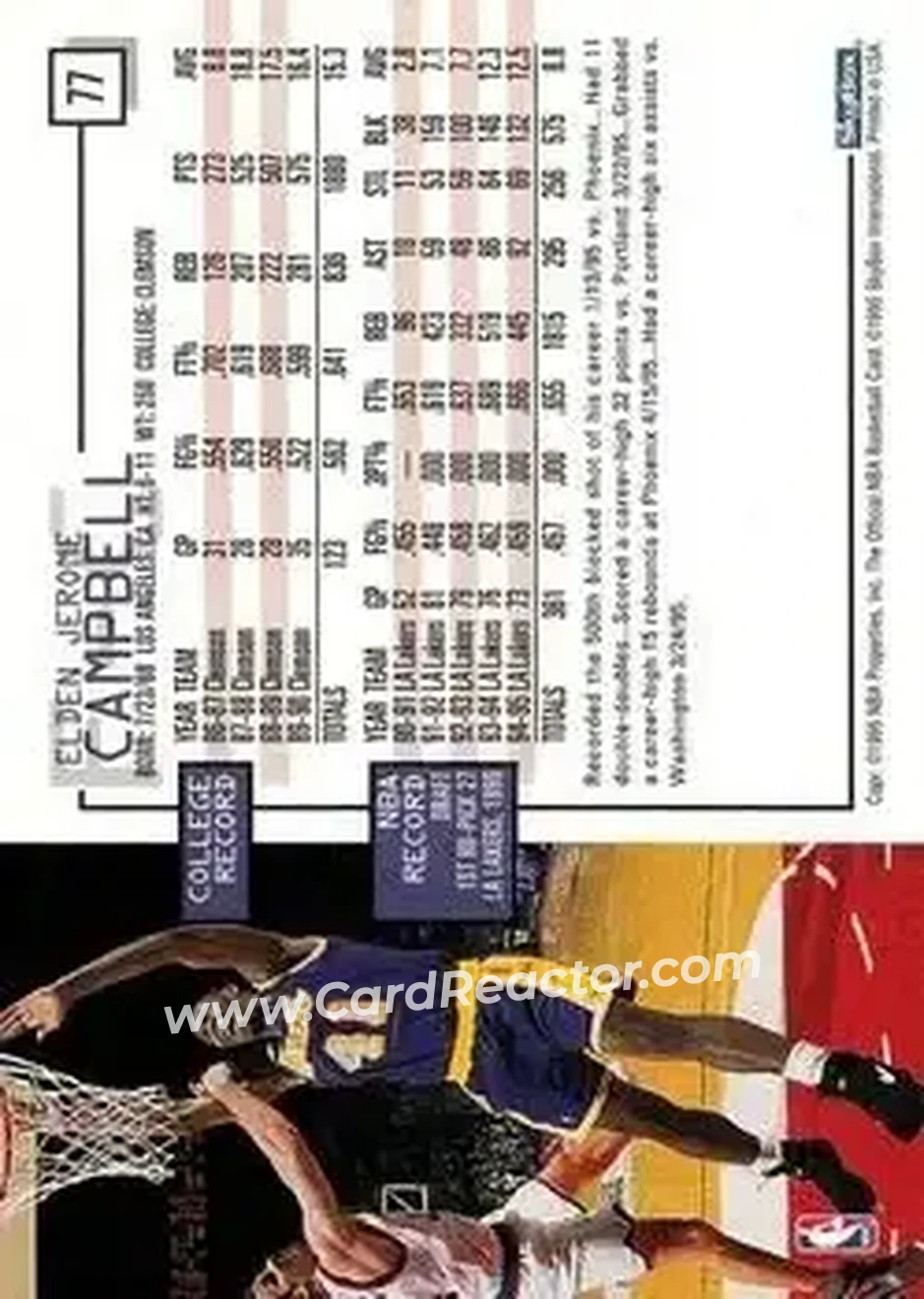 1995-96 Hoops #77 - Elden Campbell - Los Angeles Lakers - Back