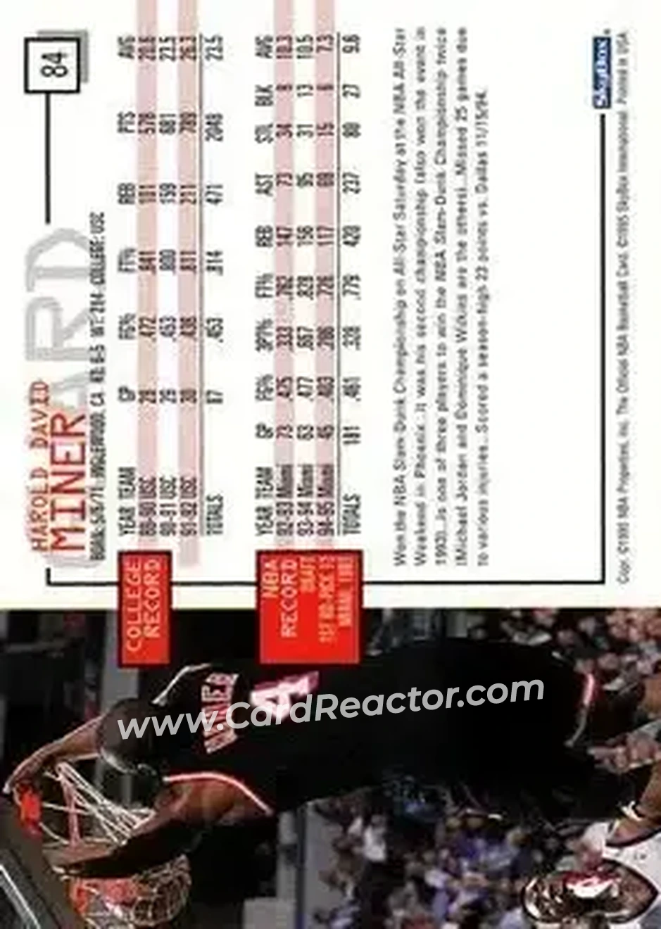1995-96 Hoops #84 - Harold Miner - Miami Heat - Back