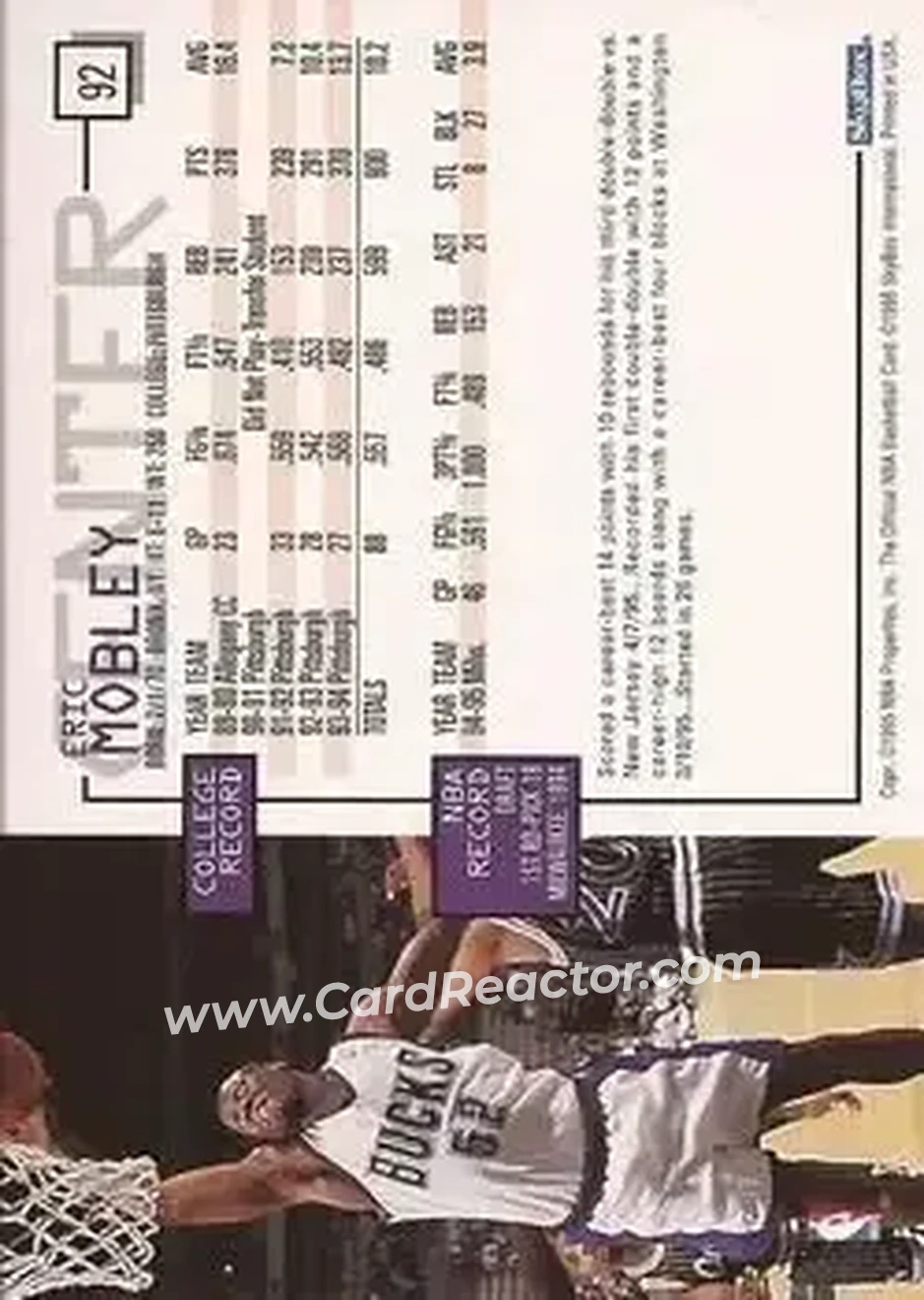 1995-96 Hoops #92 - Eric Mobley - Milwaukee Bucks - Back