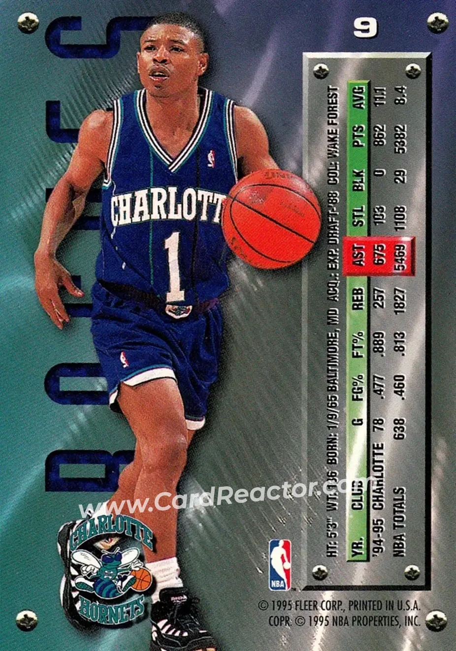1995-96 Metal #9 - Muggsy Bogues - Charlotte Hornets - Back
