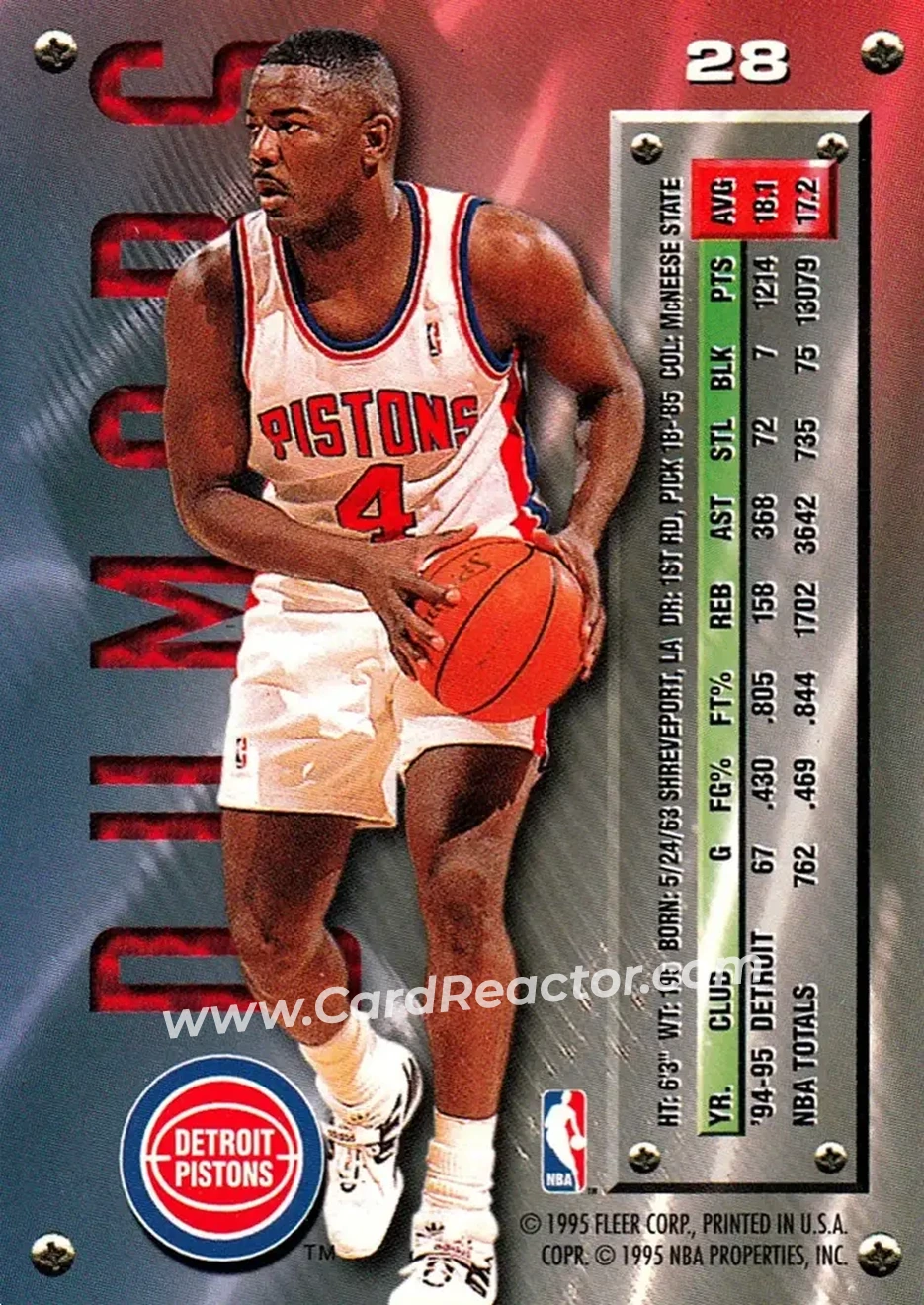 1995-96 Metal #28 - Joe Dumars - Detroit Pistons - Back