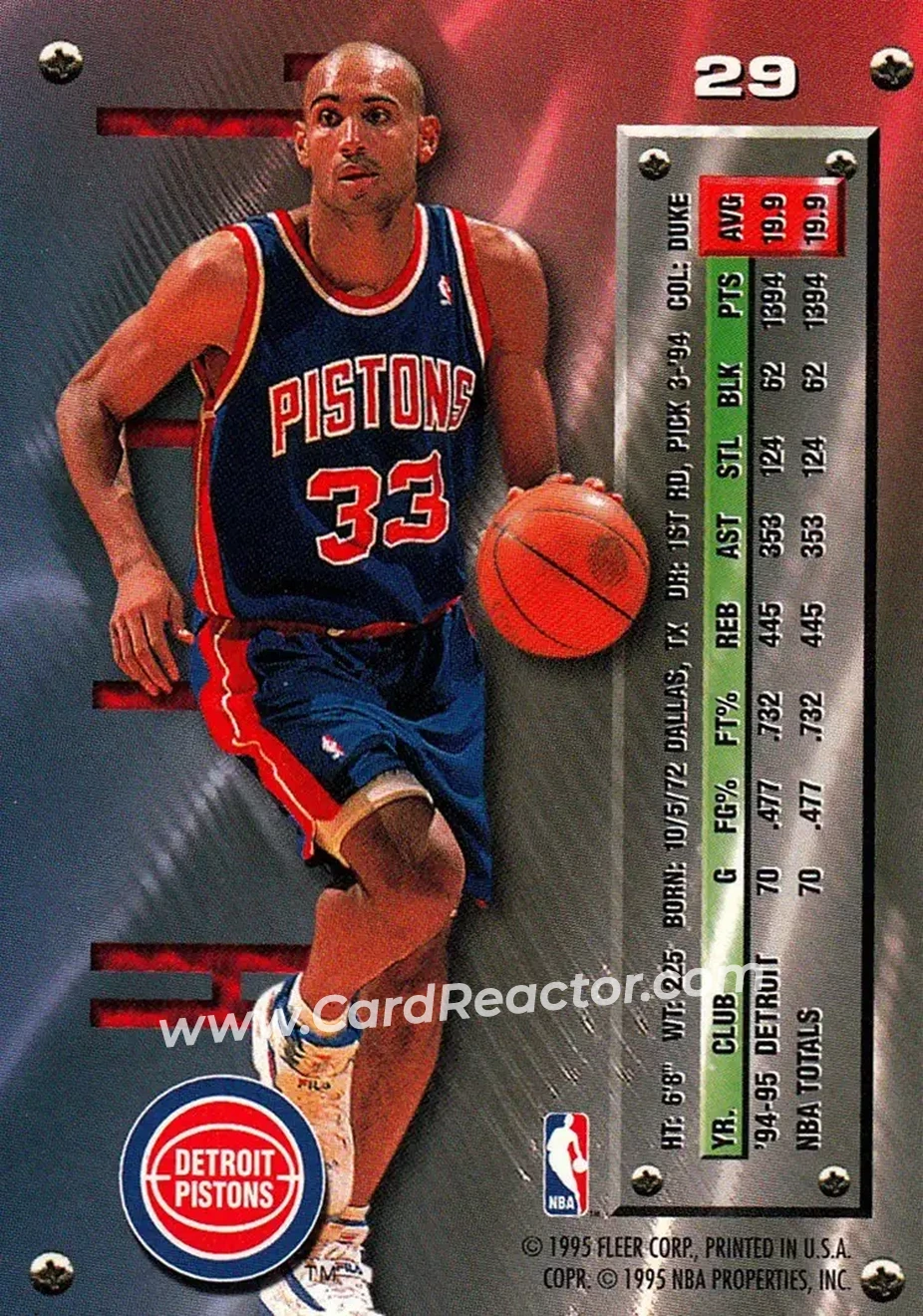 1995-96 Metal #29 - Grant Hill - Detroit Pistons - Back 1995-96 Metal #29 - Grant Hill - Detroit Pistons - Back