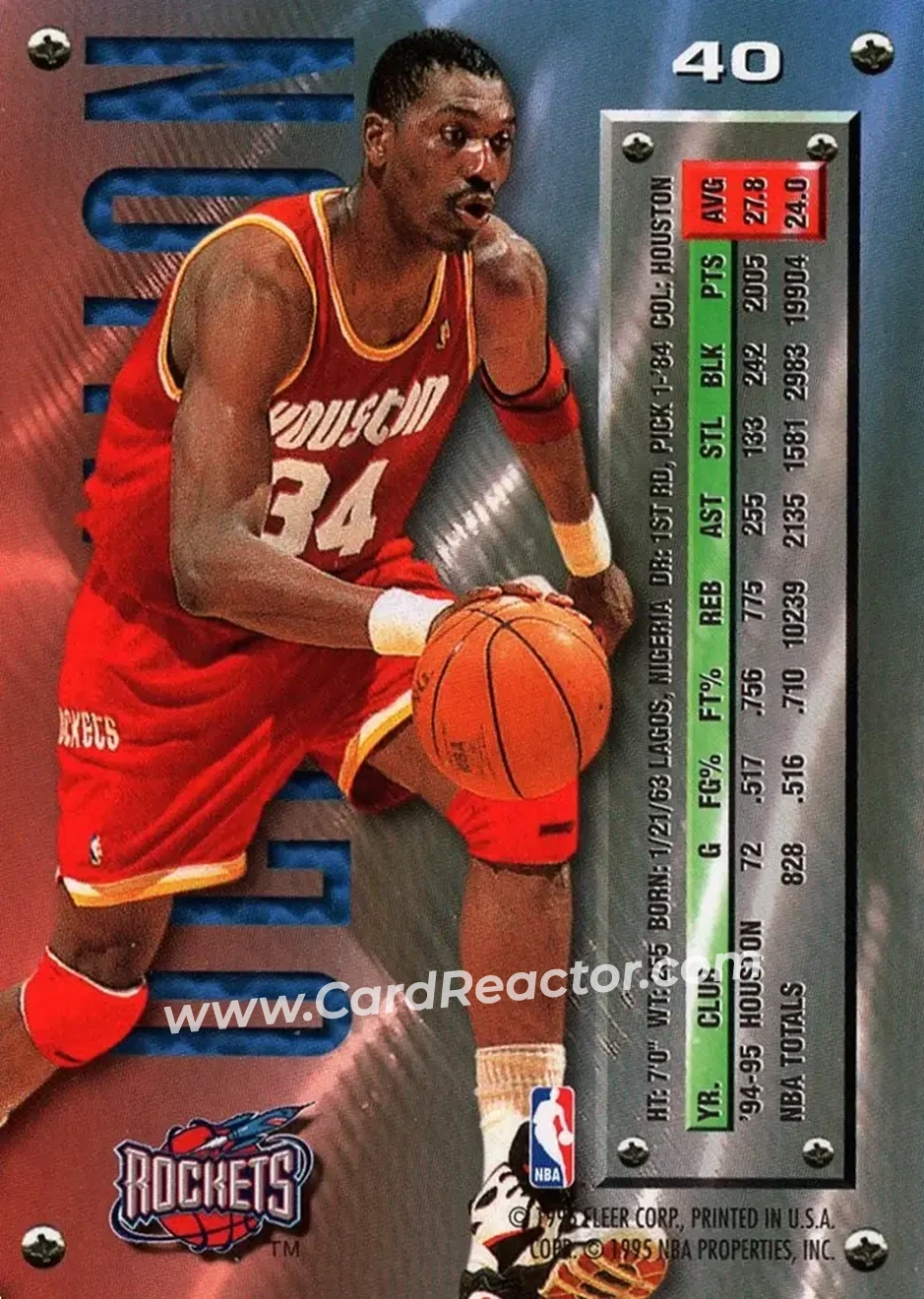 1995-96 Metal #40 - Hakeem Olajuwon - Houston Rockets - Back