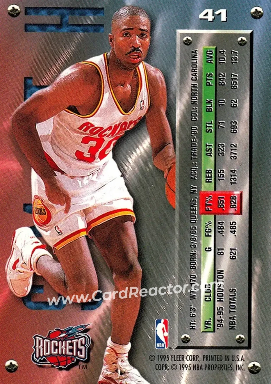 1995-96 Metal #41 - Kenny Smith - Houston Rockets - Back