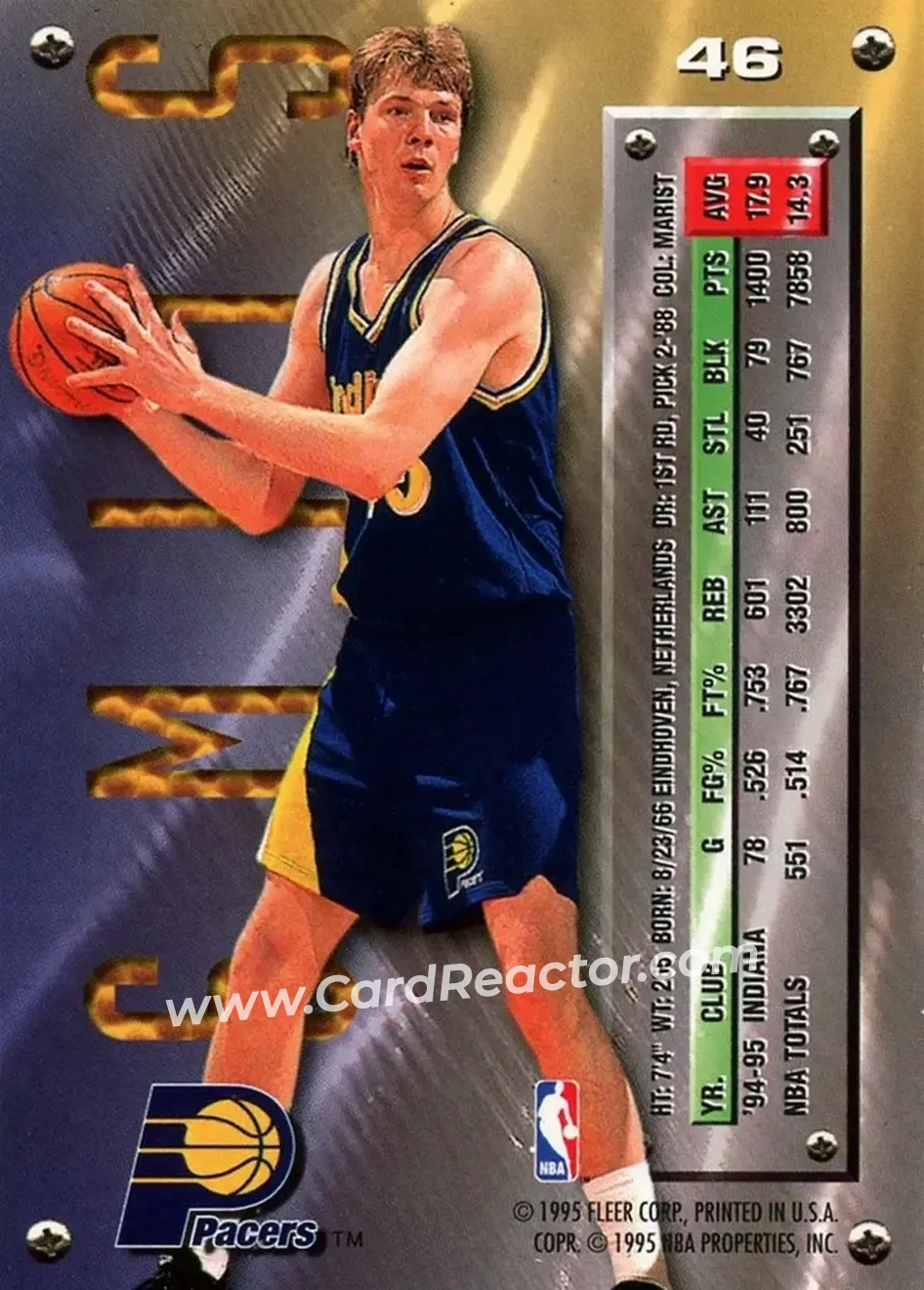 1995-96 Metal #46 - Rik Smits - Indiana Pacers - Back